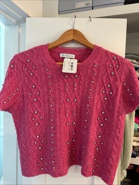 HYFVE Hot Pink Beaded Cable-Knit Short Sleeve Sweater